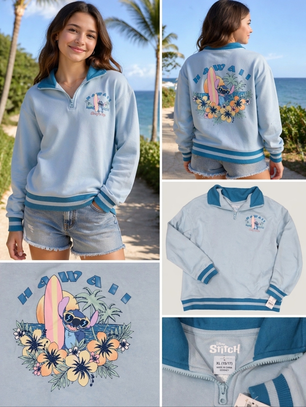 Disney Light Blue & Teal Stitch Surf Pullover